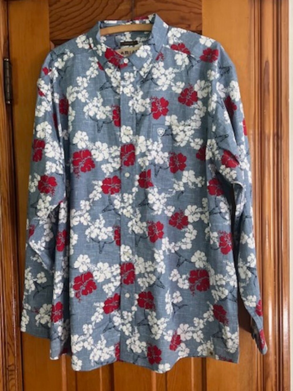 ARIAT WESTERN ALOHA BLUE & RED FLORAL LONG SLEEVE SHIRT MENS XL - Picture 4 of 13